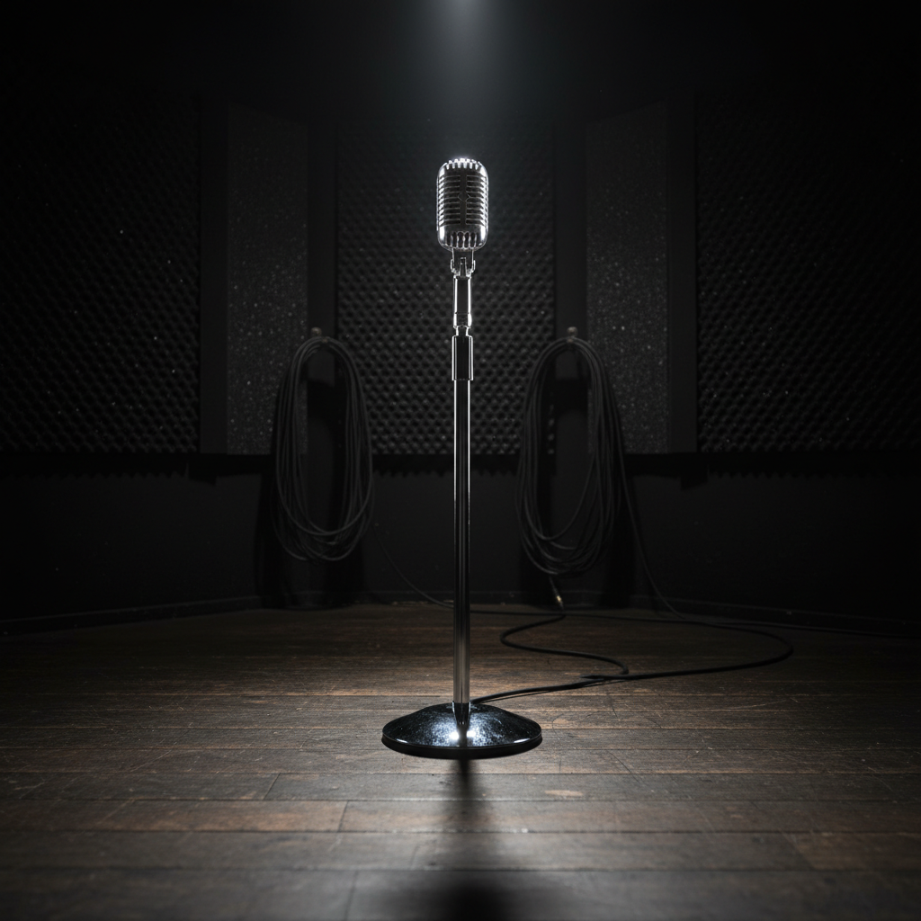 A vintage silver microphone with a finely ribbed metal grille and a sturdy chrome stand is positioned center stage in a small black-box theater. Behind it, dark acoustic panels and coiled instrument cables disappear into soft blur. A single spotlight from above and slightly behind creates a cinematic rim light around the microphone, highlighting its texture and casting a long, dramatic shadow across the floor. The atmosphere feels intimate and focused, as if ready for a powerful vocal performance. Shot in photographic realism from a low angle with shallow depth of field, the microphone dominates the frame while the background remains moody and understated.