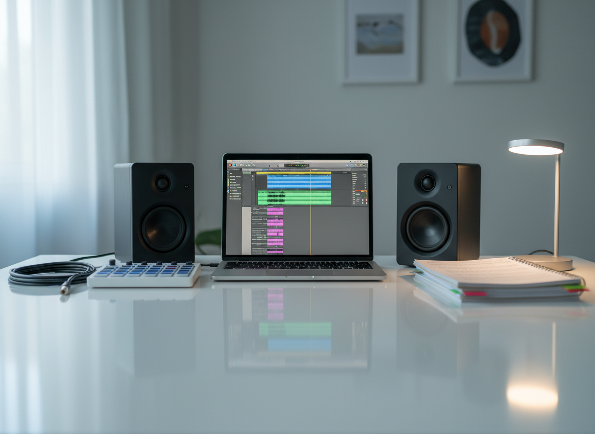 A minimal, modern home studio desk holds a sleek laptop displaying an audio editing timeline, flanked by compact studio monitors with matte black casings and visible speaker cones. A neatly coiled XLR cable, a small MIDI keyboard, and a stack of color-coded script pages are arranged with intentional order. Cool, diffused daylight enters from an unseen window, balanced by the subtle glow of the laptop screen and a small desk lamp, creating soft reflections on the smooth white desktop. The mood is calm, professional, and efficient. Captured in photographic realism at eye level with moderate depth of field, the composition is clean and symmetrical, emphasizing focus and creative workflow.