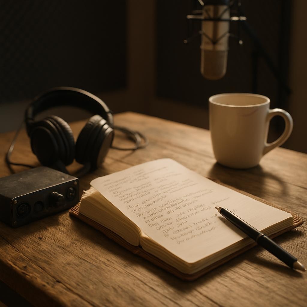 An open leather-bound notebook filled with neatly handwritten song lyrics lies on a rustic oak rehearsal table, surrounded by a pair of studio headphones, a lightly scuffed portable audio interface, and a ceramic mug with faint lipstick marks on the rim. Soft afternoon window light spills across the pages, emphasizing the texture of the paper and casting delicate shadows from a nearby pen. In the blurred background, a soundproofed studio wall and a hanging condenser microphone hint at recording in progress. Photographic realism, shot from a slightly elevated angle with a gentle vignette, creates a thoughtful, creative atmosphere that feels warm, focused, and quietly inspired.